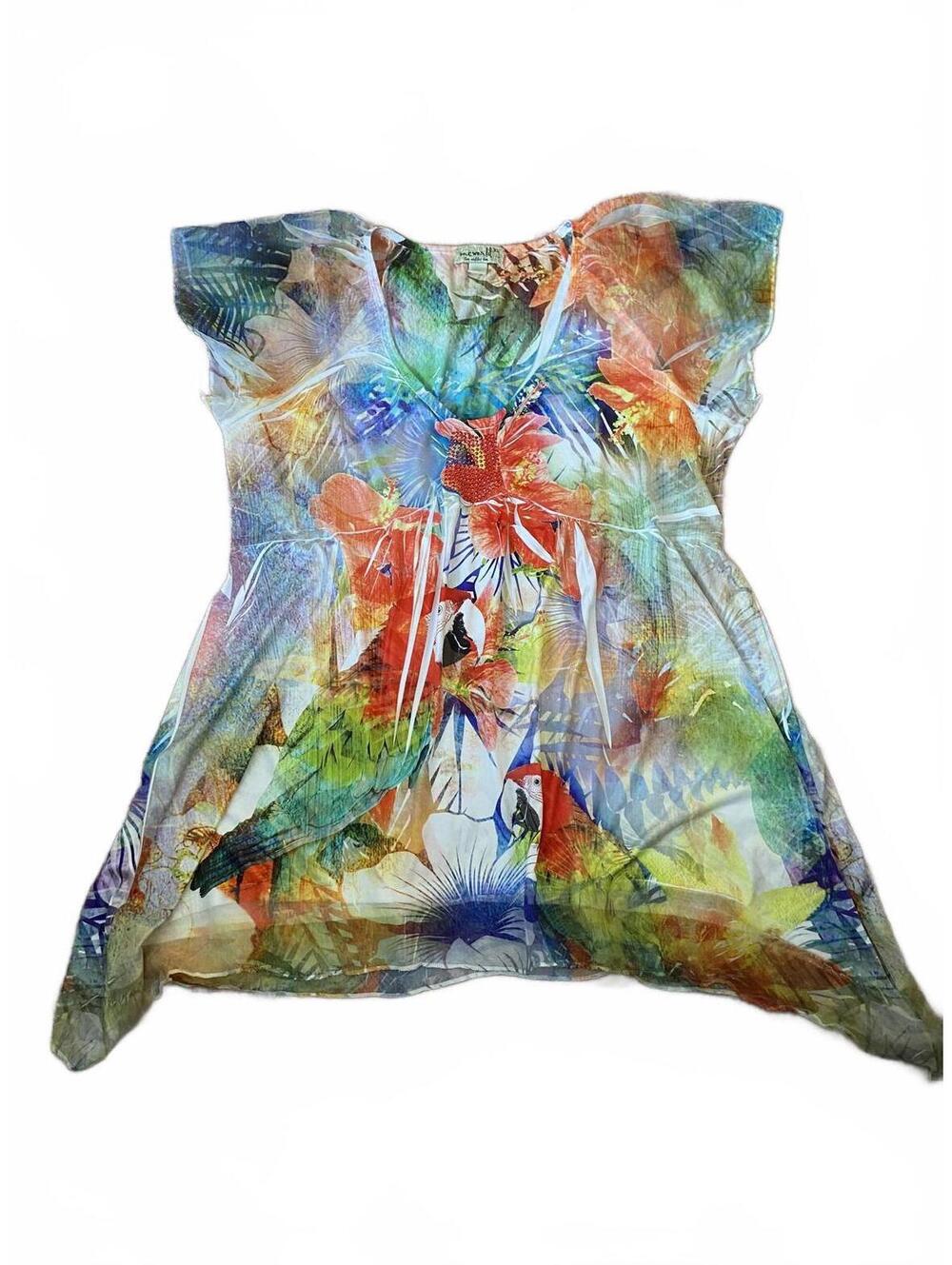 One World Flowy Tropical Flowers Parrots Top Size XL